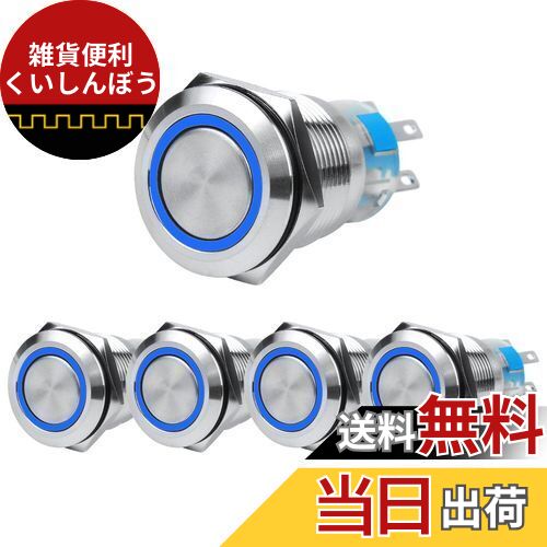 Andux Space オルタネイト 押しボタンスイッチ 平頭 環状LEDライト ボタンスイッチ 5個セット 装着内径19mm 防水 JSANKG-07 (ブルー)