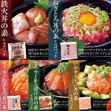 【送料無料】マグロ丼 ネギトロ丼 サーモン丼！海鮮丼詰合せ計15食（マグロ漬け・ネギトロ・サーモンネギトロ・トロサーモン・イカサーモン）