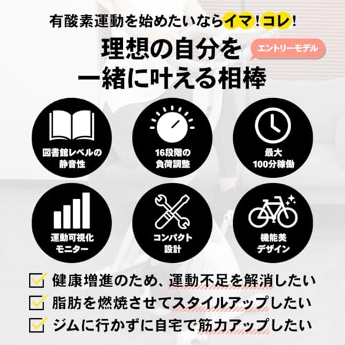 【MONOQLO年間ベストバイ受賞】STEADY フィットネスバイク エアロバイク 家庭用 静音 折り畳み Designed in Japan 独自開発の非接触式airホイール サイクリングマシン (01.ブラック/背もたれなし)