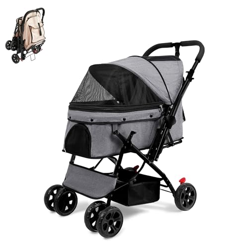 MOTASAN ペットカート 犬カート 対面両用 多頭 折りたたみ 収納 コンパクト 大開口 ストッパー 中型犬 小型犬 猫 2way 軽量 耐荷重25KG (黒いフレーム, グレー生地)