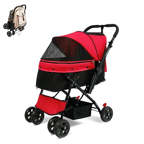 MOTASAN ペットカート 犬カート 対面両用 多頭 折りたたみ 収納 コンパクト 大開口 ストッパー 中型犬 小型犬 猫 2way 軽量 耐荷重25KG (黒いフレーム, レッド生地)