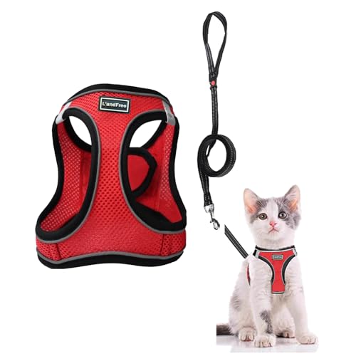 L'andFree 猫 猫用 ハーネス リード 4重ロック 抜けない リード付きハーネス 小型犬 犬 ねこ ネコ 子猫 散歩 お出かけ 夜反射 ソフト胸あて 軽量 装着簡単 サイズ調節可 通気 メッシュ(S レッド