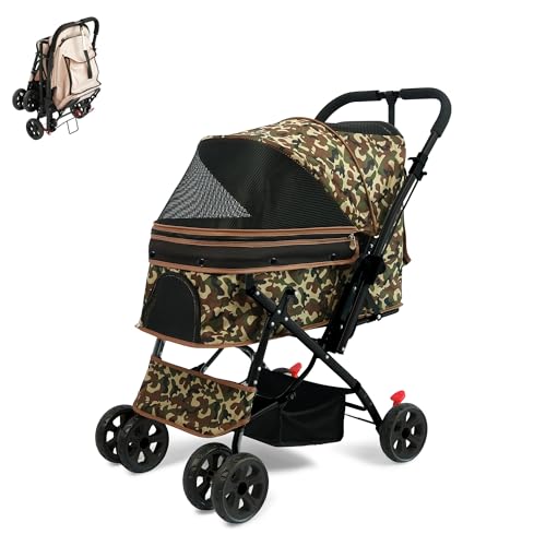 MOTASAN ペットカート 犬カート 対面両用 多頭 折りたたみ 収納 コンパクト 大開口 ストッパー 中型犬 小型犬 猫 2way 軽量 耐荷重25KG (黒いフレーム, カモフラージュ生地)