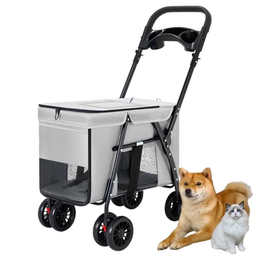 PonyLes ペットカート 中型犬 バギー 多頭 軽量 小型犬 猫 コンパクト 折り畳み 組み立て簡単 4輪 前輪360°回転 後輪ブレーキ付き 介護用 折り畳みワンタッチ2WAYペットカート (ホワイト)