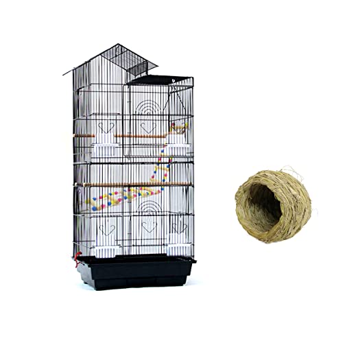 RAKU バードケージ 鳥カゴ 鳥小屋 インコケージ とりかご 鳥籠 複数飼い 止まり木 おもちゃ ブランク エサ入れ4個 ハンドル付き ブラック黒 省スペース...