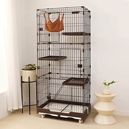 PETTOM 猫ケージ キャットケージ 幅82cm 2/3段 ペット 猫 キャットゲージ キャット タワー 収納 キャスター 付 脱走防止扉 頑丈 檻 ねこ ネコケージ コンパクト ハンモック 多頭飼い (三段（82*57*1