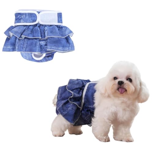 Nikkashop 犬 マナーパンツ 女の子 メス 大型犬 デニム マナーパンツカバー サニタリー パンツ 生理パンツ マナーウェア 吸水パッド フリル ずれない サイズ調整可能 撥水 XSサイズ