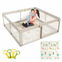 Mloongベビーサークル プレイマット付き 大きめ 赤ちゃん ベビーマット ベビーフェンス 150x150x65cm ベビー プレイヤード サークル 扉付き ...