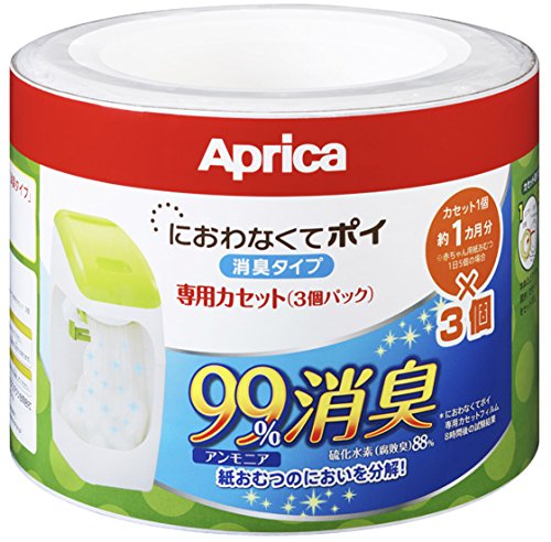 ◆商品名：【　】 Aprica (アップリカ) coconbaby 紙おむつ処理ポット におわなくてポイ 消臭タイプ 専用カセット 3個パック 09124 「消臭」・「抗菌」・「防臭」可【対応製品】アップリカ「ニオイポイ(NIOI-POI)」本体、「におわなくてポイ消臭タイプ」本体【3個パック】「におわなくて ポイ 消臭タイプ」取り替え用カセットの3個パック。カセット1個は約1カ月分。 ※赤ちゃん用紙おむつ1日5個の場合【におわない】紙おむつの処理をもっと清潔・快適に。消臭・抗菌成分「ケスクリーン」と3層防臭フィルム「トリプルバリア」で、におわない。【本体サイズ】 H130 × φ182 (cm)【フィルム長さ】7 m ※カセット1個あたり