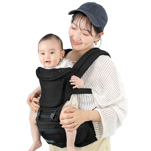 (ケラッタ) ダイヤル ヒップシート 抱っこ紐 カバー付き 4WAYで使える ベビーキャリア 横抱き 対面抱っこ 前向き 安全ベルト一体型 耐荷重20kg (a. ダブルショルダー付き ブラック)