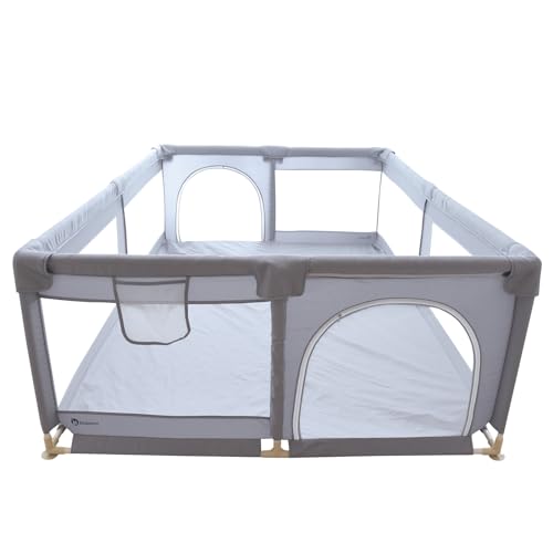【ベテラン保育士監修】 popomi ベビーサークル メッシュ ベビーフェンス 洗える 組立簡単 吸盤付き 収納バッグ付き (グレー, 140×200cm)