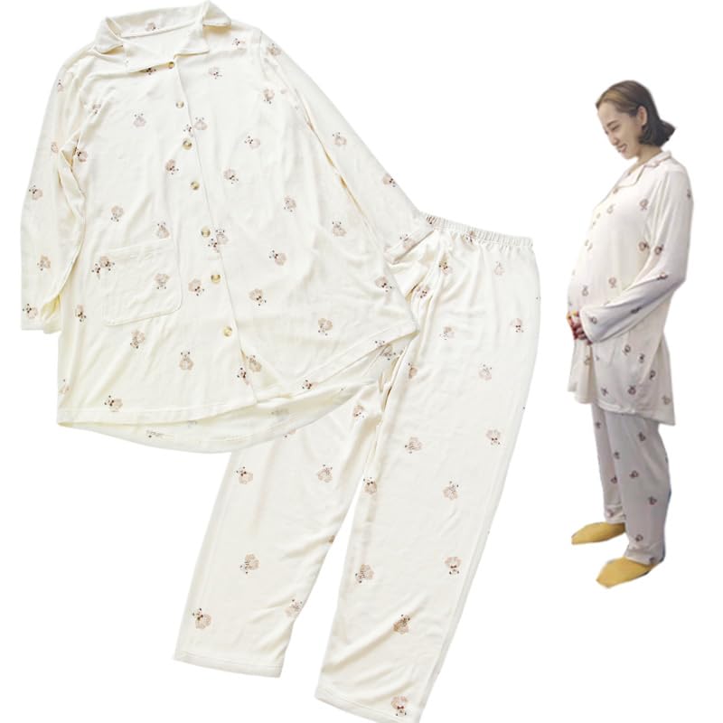 テディベア柄 マタニティパジャマ 長袖 前開き ウエスト調整機能付き (くま, L〜LL)