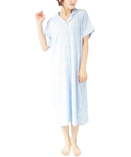 [ON NISHIKI] ネグリジェ レディースパジャマ 半袖 前開き ワンピース 夏 さらっと 気持ちのいい着心地 入院 産前 産後 イチゴチェリー 柄物 シンプル (サックスチェリー:3/M/77609)