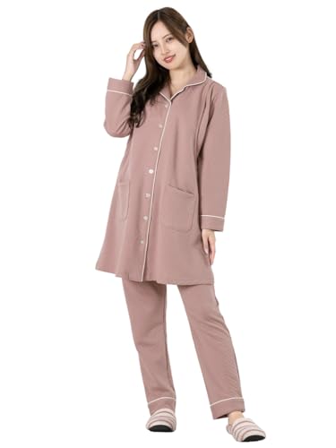 [美竹] 【6613041（無地） ダスティピンクM】 マタニティ パジャマ 長袖 春 秋 冬 上下セット 前開き 授乳口 ロング丈 M L 無地 いちご 苺 イチゴ ストロベリー 産前 産後