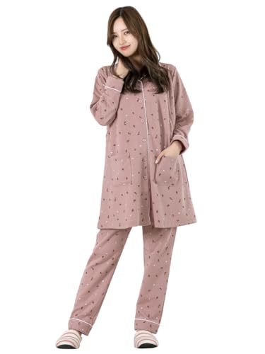 [美竹] 【6613042（いちご） ダスティピンクM】 マタニティ パジャマ 長袖 春 秋 冬 上下セット 前開き 授乳口 ロング丈 M L 無地 いちご 苺 イチゴ ストロベリー 産前 産後