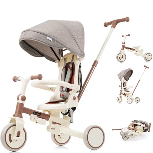 BTM 子供用三輪車 7in1 折りたたみ 手押し 7way 1~3歳 座面回転 自転車 おもちゃ ブラウン