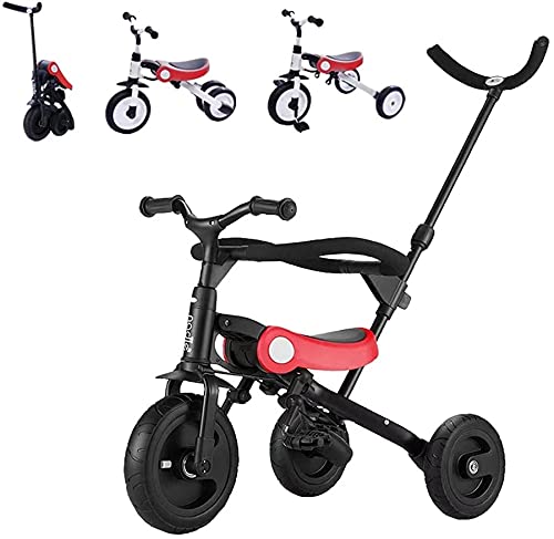 HZDMJ 3in1ベビーカー 安全ガード付き 折りたたみ三輪車 押し車 かじ付 組み立て簡単 自転車 子供用 発泡タイヤ 超軽量コンパクト 新型 便利 プレゼントに最適 (レッド)