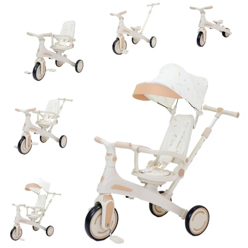 【長期間愛用】 DIYELL 子供用三輪車 7in1 おしゃれ 1-5歳 日除け カバー キッズバイク ステップ付き 超軽量 手押し棒 背もたれ付き 安全ベルト プレゼント 【日本企業】 (ベージュ)