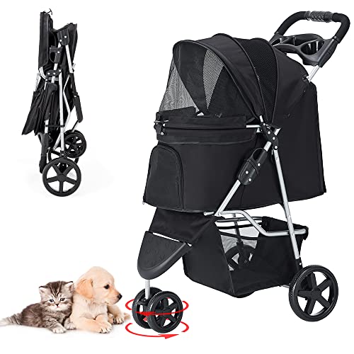 wangmao ペットカート 折りたたみ 3輪 犬用ベビーカー 猫犬兼用 多頭用 前輪360°回転 後輪ブレーキ付 組み立て簡単 介護用 ペットバギー 耐荷重15kg (ブラック)