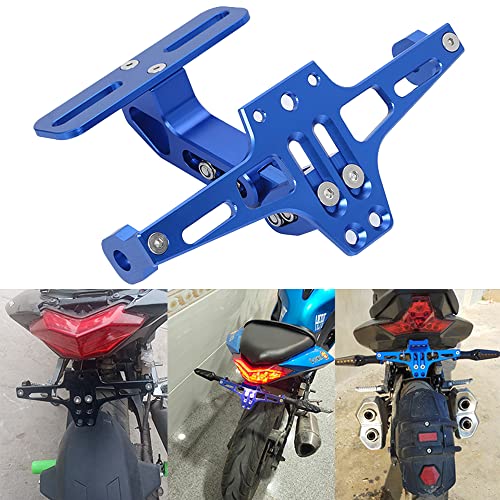 ナンバー プレート ステー ホルダー バイク 角度調整 LEDライト 付き カスタム パーツ 汎用 (ブルー)