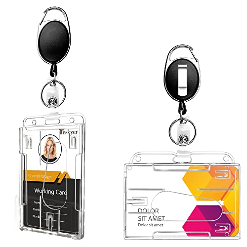Teskyer IDカードホルダー 格納式バッジリール クリップ プラスチック 透明 バッジホルダー付き クリア..