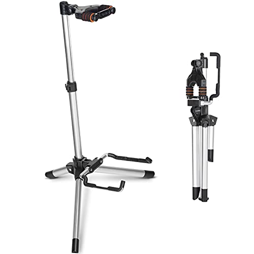 CAHAYA アルミ合金製 ギタースタンド 軽量830g ピック収納でき 自動的にポップアップロック付き シリコンフォームシース付き シルバーのつや消しテクスチャ 折りたたみ式 360°保護 安定 耐久