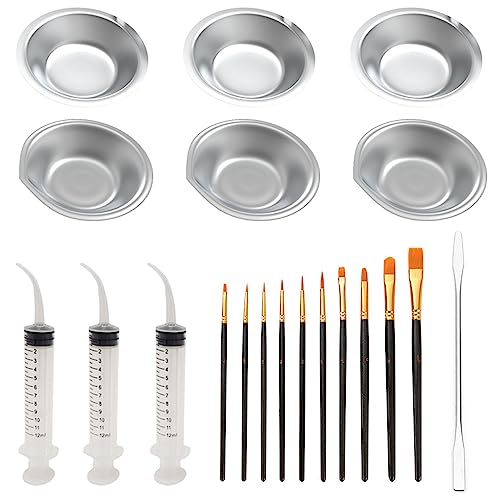 MOMI プラモデル 塗装セット 20点セット ステンレス 塗料皿 6枚+塗装筆 10本+調色スティック 1本+スポイト 3個 付き トーニングニードルチューブ ホビー用塗装用具 模型初心者セット