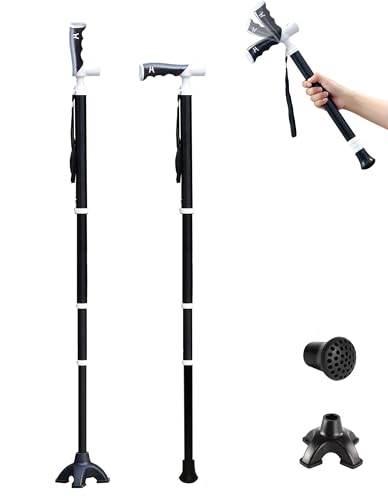 Miugoo 杖 折りたたみ杖 つえ 軽量 4点杖 ステッキ 伸縮杖 T字杖 フットパッド2種 高齢者 男女兼用 自立式 2WAYグリップ 高齢者 トレッキングポール 歩行支援 登山用 介護用 M-G1