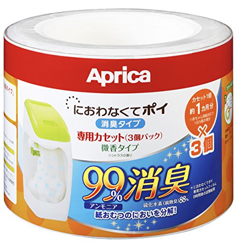 ◆商品名：【　】 Aprica (アップリカ) coconbaby 紙おむつ処理ポット におわなくてポイ 消臭タイプ 専用カセット 微香3個パック 09125 「消臭」・「抗菌」・「防臭」【対応製品】アップリカ「ニオイポイ(NIOI-POI)」本体、「におわなくてポイ消臭タイプ」本体【3個パック】「におわなくて ポイ 消臭タイプ」取り替え用カセットの3個パック。カセット1個は約1カ月分。 ※赤ちゃん用紙おむつ1日5個の場合【におわない】紙おむつの処理をもっと清潔・快適に。消臭・抗菌成分「ケスクリーン」と3層防臭フィルム「トリプルバリア」で、におわない。シトラスのほのかな香りの微香タイプ。【本体サイズ】 H130 × φ182 (cm)【フィルム長さ】7 m ※カセット1個あたり