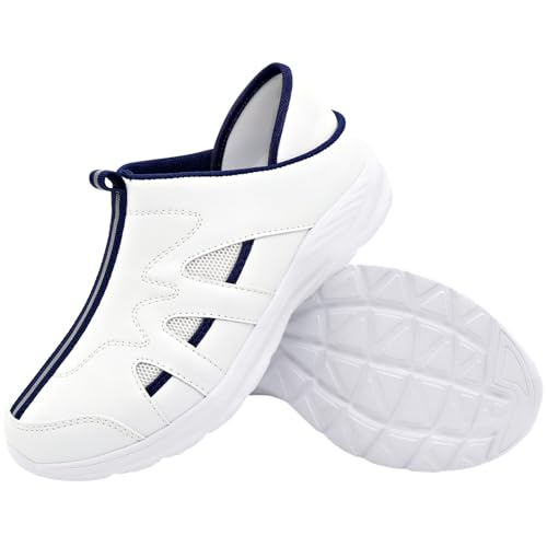 [La BEAUTE] ナースシューズ レディース 白 疲れない 2Way 超軽量 幅広3E 看護 介護 ホワイト/ブルー 24.0