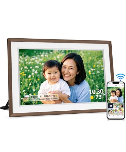FANGOR デジタルフォトフレーム Wi-Fi 10.1インチ 1280*800解像度 32GB内蔵 SDカード拡張可 写真/動画/天気予報 スライドショー 誕生日 母の日 父の日 敬老の日 初心者向け ブラウン木目フレーム