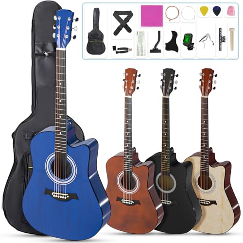 ◆商品名：Moon River アコースティックギター 38インチ 17点セット 初心者入門用 持ち運び便利 ギターストラップ、ソフトギターバッグ、マニュアル（日本語）付き 学生 大人通用(ブルー)【厳選した木材・高品質な工芸】明るい音色と幅広い音域を確保するため、アコースティックギターは厳選されたバスウッド材を採用し、一流の職人が一工程ずつ丁寧な仕上げにより、上質な手触りと素晴らしい演奏体験をお届けします。また、ギターの表面は滑らかに加工されており、お手入れも簡単です。そのため、長期間使用してもアコースティック・ギターはエレガントな外観を保ちます。【洗練された音質＆快適な演奏体験】アコギギターは厳選されたブロンズ弦を使用し、押さえやすくて指が痛くなりにくいです。また、高音域と低音域が強調され、明るく、透き通った音を奏でることができ、あらゆるのミュージックスタイルに合わせます。チューニング安定性があるペグが設置され、初心者もプロも楽に高品質の演出を維持でき、微調整も効くことが魅力ポイントです。【初心者向け】38インチのアコースティックギターは18フレットと0.11インチの弦高で軽く押さえるだけで楽器本来の響きを一切損なうことなく引き出し、より美しく、豊かな音色を実現。日本語のマニュアルが付きで、初心者でも始めやすいです。【細部までのこだわり】アコギは高硬度ABS製ブリッジを採用し、耐久性に優れており、壊れにくいです。また、定番のC型タイプネックはアジア人の手の形に合わせやすいです。斜めに配置されたフレットは引っかかりがなく、スムーズに弾くことが可能です。【安心なカスタマーサービス＆豊富な付属品揃え】本製品は厳格に品質管理を行っていますが、万が一、ご購入いただいた商品は初期不良や不具合があった場合は、弊社までお気軽にご連絡くださいませ。24時間以内に迅速にご対応させていただきます。【初心者17点セット】ギター初心者にうれしい17点入門セット入りで、クリップ式チューナー、ソフトケース、ストラップ、ピックガード、カポタスト、3wayストリングワインダー、クロス、壁掛け、指サック4個、ピック2個、ピックケース2個、予備弦（1-6弦）、予備弦（1-3弦）ブリッジピン6個、楽譜クリップとギターフレットシールを揃えました。これらがあれば、初心者でも簡単に練習できます。Moon River アコースティックギター 38インチ 初心者練習ギター 17点セット 初心者入門用 持ち運び便利 ギターストラップ、ソフトギターバッグ、マニュアル（日本語）付き 学生 大人通用(ブルー)
