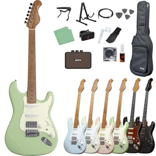Eris. Nestia エレキギター初心者セット SSH コイルタップ搭載 ローステッドメイプルネック (抹茶, 充電式ミニアンプ初心者14点セット)