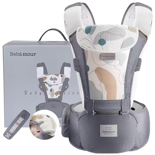 【ベビーアムール】Bebamour 抱っこひも ヒップシート 軽量 通気メッシュ ベビーキャリア 前向き抱っこ おんぶ 6way ウェストキャリー 快適（グレー）
