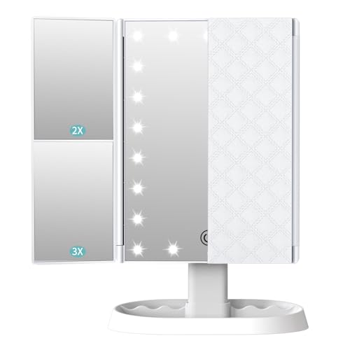 FACSINATE 女優ミラー 卓上 三面鏡 LED ライト付き メイクミラー タッチ式 明るさ調節 角度調整 収納ペ..