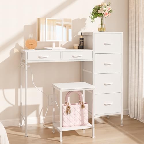 LunarLight ドレッサー コンパクト ミラー付き 3色LEDライト 明るさ無段階調整 3点セット 引き出し6つ付き コンセント付き スツール付き 組立簡...