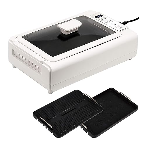 [東京Deco] 無煙 ホットプレート 2種類のプレート付属(グリルプレート/フラットプレート) グリル調理器 ガラス蓋付き 吸煙 水洗いOK お手入れ簡単 強力加熱 最大230℃ デジタル画面 簡単操作