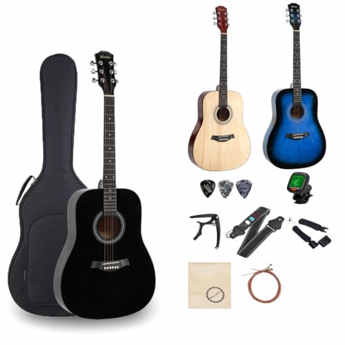 ◆商品名：アコースティックギター セット 41インチ 初心者 アコギ バスウッド&テックウッド材 練習用 弦楽器 フォークギター スチール弦 おしゃれ 小学生 大人兼用 人気【商品仕様】サイズ：41インチ 高さ：約105CM 幅：約40CM 縦:12重量:2KG　材質:バスウッド、ゴールドブロンズ、テックウッド、 単板（1枚の木材を繋ぎ合わせた木材）を採用し、音質が抜群！トップ材裏面には補強の役割と音の伝達性を高めるためのブレーシングが施されています。スキャロップ加工、ライニング等、見えない部分にも職人の耐久性・音質へのこだわりが感じられます。【優れたデザイン】フレットボードは強化したテックウッド材で、温度湿度などの環境変化に強く、ギターのメンテナンスには手間がかからいのは特徴です。また、定番の牛骨で作られたサドルも良質で、より豊かで安定したサウンドを引き出しています。ペグ（糸巻き）は伝統的なギア式を採用しています。直接巻き上げるタイプのペグよりも音が狂いにくく微調整が効きます。【心を響く音色】音の粒がクリアで豊かな響きが特徴で、アメリカ輸入のゴールドブロンズ弦で仕上げ、その特徴としては音質が安定、初心者に最適な弦高、指への負担をかけなくて、弾きやすい、初めての方にも簡単に入門できます。【セット内容】本体、ソフトケース、ギターピック、ストラップ、チューナー(電池別売り)、カポタスト、交換用ギター弦、クロス、3in1弦交換器、日本語取扱説明書。これからギターを始めたいと思っている人向けに、ギターを始めるとき必要なものとおすすめの初心者用セットをまとめました。ギターをもっと楽しむためのアイテムや、リーズナブルで手に取りやすい初心者セットを楽しんで下しさい。【品質保証】弊社はすべての商品検品してから、出荷致しております。万が一、配送による不良が発生した場合、直ちに「アカウントサービス」→「注文履歴」にアクセスし、または同梱の連絡先より不良写真をお送り、ご連絡くださいますようにお願いします。24時間以内に返品、交換対応いたします。不具合やご納得いただけない点がございましたら、店舗まで事前にご連絡ください。スタッフ一同が責任を持って対応いたします。これからギターを始めようと思っている方に、ギターの演奏に必要なものや、あったら便利なアイテムをまとめました。楽器をかっこよく弾きこなす姿に憧れて、ギターを始めたいと思っている方にオススメの一品です。Mocoluzはカラー、サイズからセット商品まで様々なギターアイテムを厳選し、まとめてきました。また、初心者だけではなく、優れた音色は演奏に使われるプロや経験者の方々にもぜひオススメです。