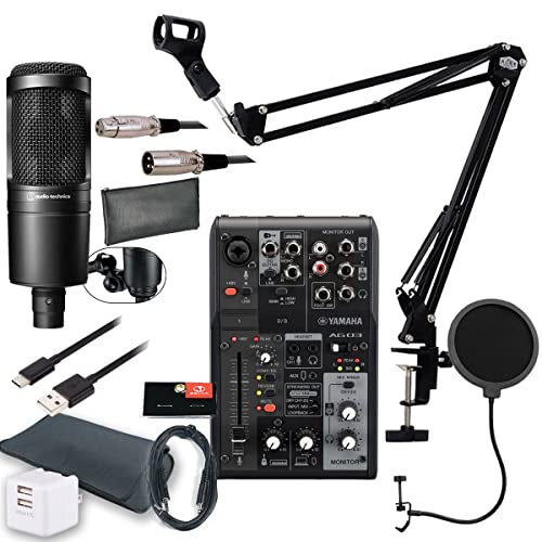 YAMAHA / AG03MK2 BLACK AT2020 iPhoneユーザー向け 配信/DTMセット -AT2020コンデンサーマイク、3mマイクケーブル、ポップブロッカー、アームスタンド、AUXケーブル、USB2ポートACアダプタ、USBケーブル(C-
