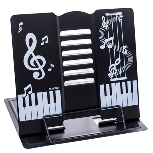 ◆商品名：卓上 譜面台 折りたたみ 6段階角度調整 底面滑り止め 楽譜立て 楽譜 スタンド かわいい 小型 軽量 ピアノ オルガン ポータブル コンパクト 読書台 書見台 学習台 ブックスタンド レシピ スチール製 ストッパー フック付 (音符-ホワイト)【特長1】折りたたみ式の卓上譜面台。コンパクトで持ち運びやすく、自宅練習や外出先でも便利。【特長2】6段階の角度調整が可能。視認性を高め、姿勢も整えられます。【特長3】滑り止めが底面4か所に付き、安定感があり倒れにくい安心設計。【特長4】譜面を固定するフック付き。ページがめくれるのを防ぎます。【特長5】スチール製でしっかりした作り。重めの楽譜や書籍にも対応できる頑丈設計。【特徴6】可愛いピアノ鍵盤や音符のデザインで、可愛らしいお部屋に。お子様のピアノ練習がもっと楽しくなります。【幅広い用途】ピアノやオルガン演奏、読書、料理本、教科書やタブレットのスタンドとしても活用可能です。【仕様】卓上サイズ：高さ19cm × 幅21cm × 奥行16.5cm、重さ約510g◆ 折りたたみ可能なコンパクト譜面台 ◆ 本商品は、自宅でも外出先でも便利に使用できる、折りたたみ式の卓上譜面台です。使わない時はスリムに折りたたんでコンパクトに収納可能。軽量設計で持ち運びもラクラクなので、レッスンバッグやリュックにもすっきり収まります。ピアノやバイオリンの練習はもちろん、読書やタブレットスタンドとしてもご利用いただけます。 ◆ 見た目も可愛く、お子様や女性にもぴったり ◆ デザインには、ピアノの鍵盤や音符などの音楽モチーフを採用。シンプルながらも可愛らしく、お子様の音楽学習にも最適です。毎日のレッスンが楽しくなるような、インテリアにもなじむデザインです。そのため、お子様だけでなく、女性のお部屋の雰囲気も崩しません。 ◆ 機能性も充実、安定感抜群 ◆ 譜面台の角度は6段階に調節可能。本体裏のアームで簡単に調整でき、用途に応じて最適な角度に設定できます。また、譜面を押さえる固定フック付きで、ページめくれの心配も不要。さらに、底面には4か所の滑り止めパッドを搭載しており、しっかり安定します。 ◆ 丈夫で安心のスチール製ボディ ◆ 本体素材は頑丈なスチール製で、見た目以上の耐久性があります。重めの楽譜や書籍にも対応し、読書スタンドやレシピスタンドとしても活躍。机との接地面積も広く、倒れにくい構造でお子様の使用にも安心です。 ◆ サイズと仕様 ◆ 本体サイズ：高さ約19cm × 幅約21cm × 奥行約16.5cm 重量：約400〜510g 折りたたみ式・軽量・多目的対応の譜面台をぜひお試しください。ピアノ、読書、学習、タブレット、料理本など、1台で幅広く活用いただけます。