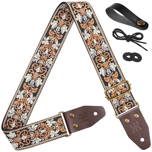 Amumu ギターストラップ フラワーオブライフ刺繍 トップグレインレザー ベース用 エレクトリック&アコースティック用 (ブラック), ブラック, 37.5“- 64“