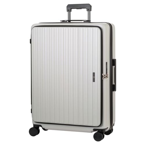 [レジェンドウォーカー] LW スーツケース キャリーケース フロントオープン 片開きファスナータイプ 拡張機能付き USBポート カップホルダー (Lサイズ / 86L※拡張時98L / ホワイト) 超軽量 消音