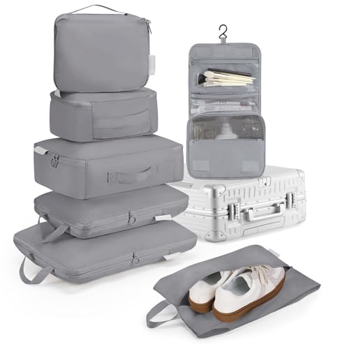トラベルポーチ 圧縮 7点セット 旅行用ポーチ パッキングポーチ スペース40%節約 圧縮袋 旅行 圧縮バッグ スーツケース仕分け 軽量 丈夫なファスナー圧縮 出張 旅行 便利グッズ グレー