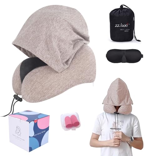 ネックピロー 携帯枕 飛行機 首枕 低反発ネックピロー 大いフード付 最新型顔を隠す 首が痛くならない トラベル枕 U型 首まくら クッションカバー アイマスク...