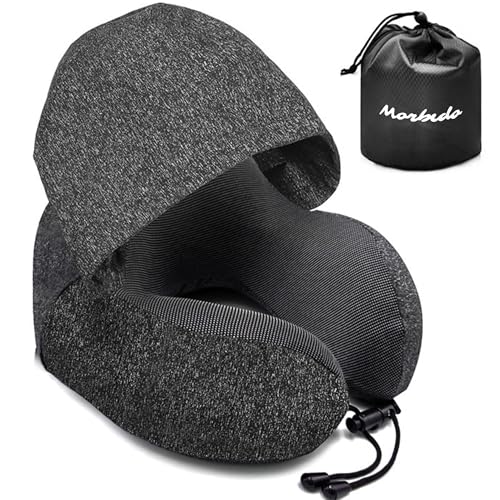 Morbido ネックピロー フード付き 寝顔を隠せる 収納袋付き 低反発 男女兼用 首枕 携帯枕 飛行機 夜行バス 快眠 グッズ (ダークグレー)