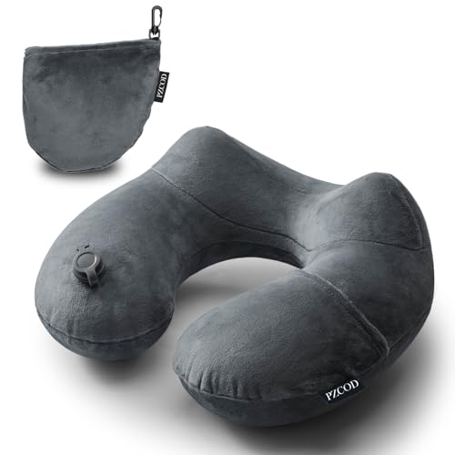 PZCOD ネックピロー 飛行機 空気 インフレータブル 旅行 首枕 携帯枕 軽量 旅行便利洗濯可 収納袋一体型 (電車/飛行機/車などに)(ブラックグレー)