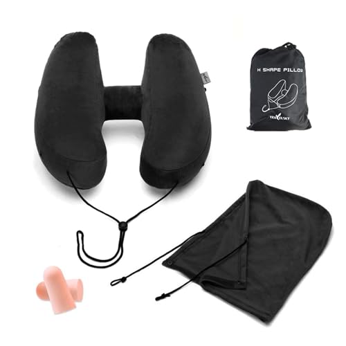 dodulara ネックピロー H型 飛行機 快適グッズ 新幹線 車 オフィス 旅行 首枕 エアー ネッククッション フード 帽子付き 低反発 機内 携帯枕 海...