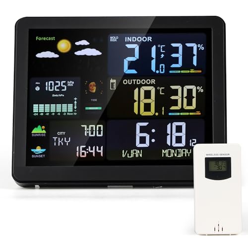 Moongiantgo ウェザーステーション デジタル温湿度計 置き天気時計 室内外温湿度測定 日の出日の入時刻..