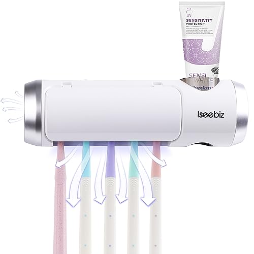 Iseebiz 歯ブラシ除菌器 歯ブラシ除菌装置 【UV除菌+空気循環】壁掛け式 カビ防止 梅雨対策 歯ブラシ除菌ケース 静音 UBS充電式 自動タイマー 自動電源オフ機能 粘着テープ2個付き 穴開け不要