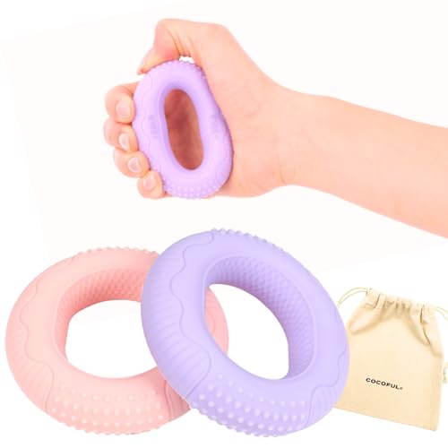 握力トレーニング ハンドグリップ 2個セット 血圧ケア 柔らかシリコン 女性 高齢者 リハビリ 筋トレ ストレス解消 軽量 携帯便利 プレゼント ギフト 収納ポーチ付 COCOFUL ピンク＆パープル